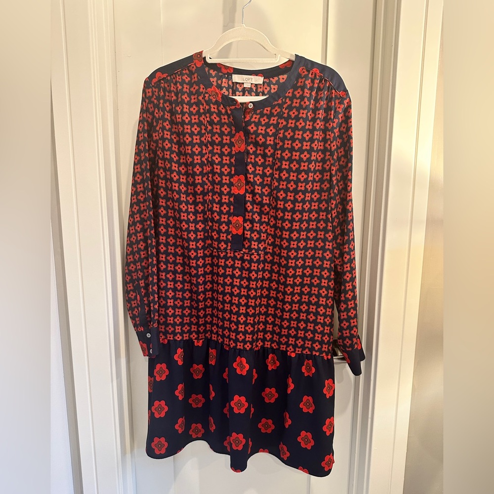 LOFT Red and Blue Patterned Flower Dress, Size L